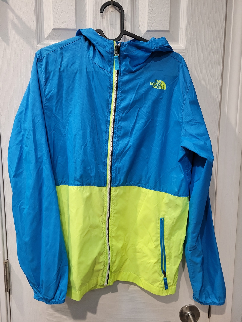North Face Bright Blue and Neon Yellow Hooded Windbreaker